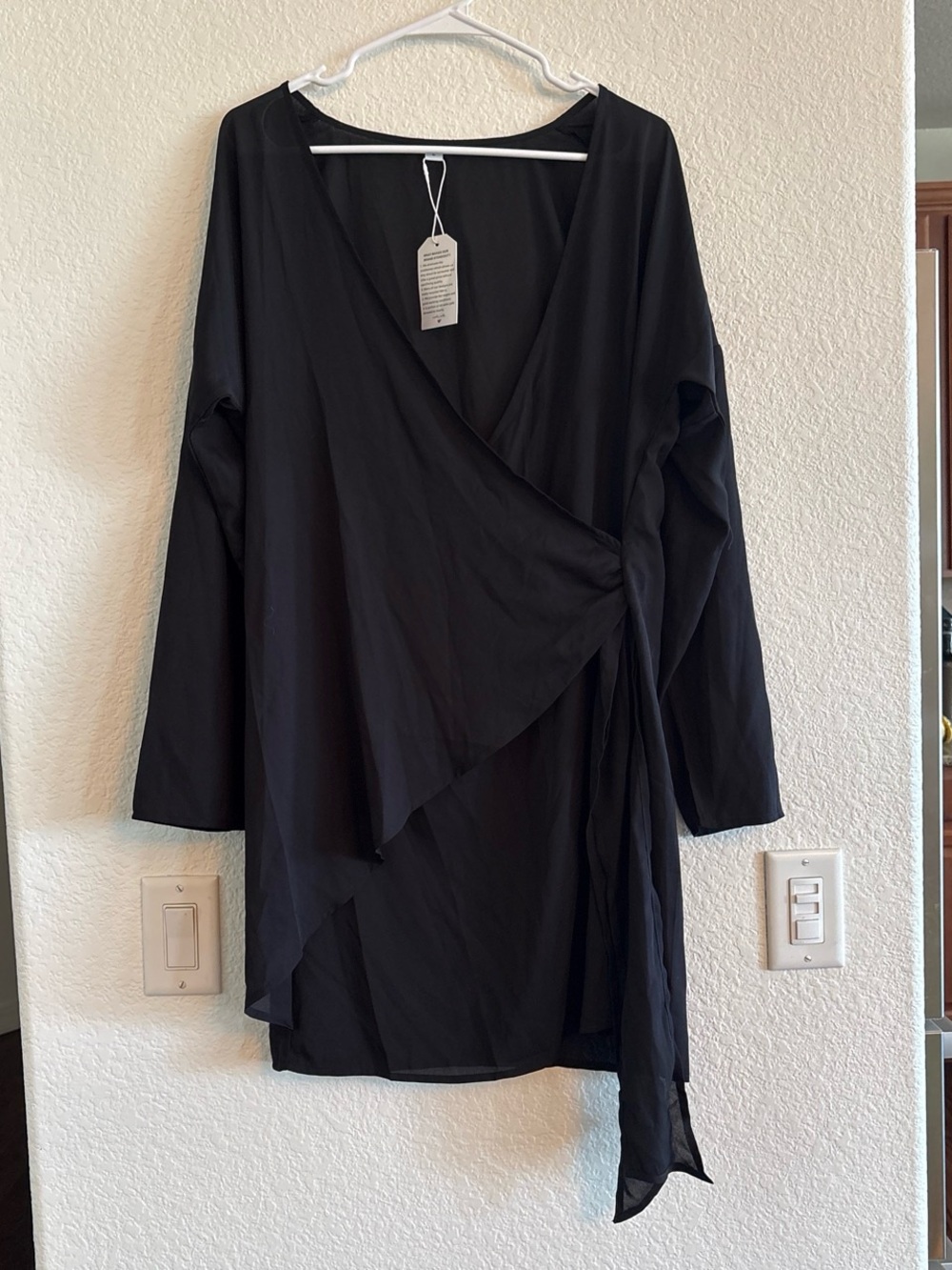 Black Wrap Front Long Sleeve Dress